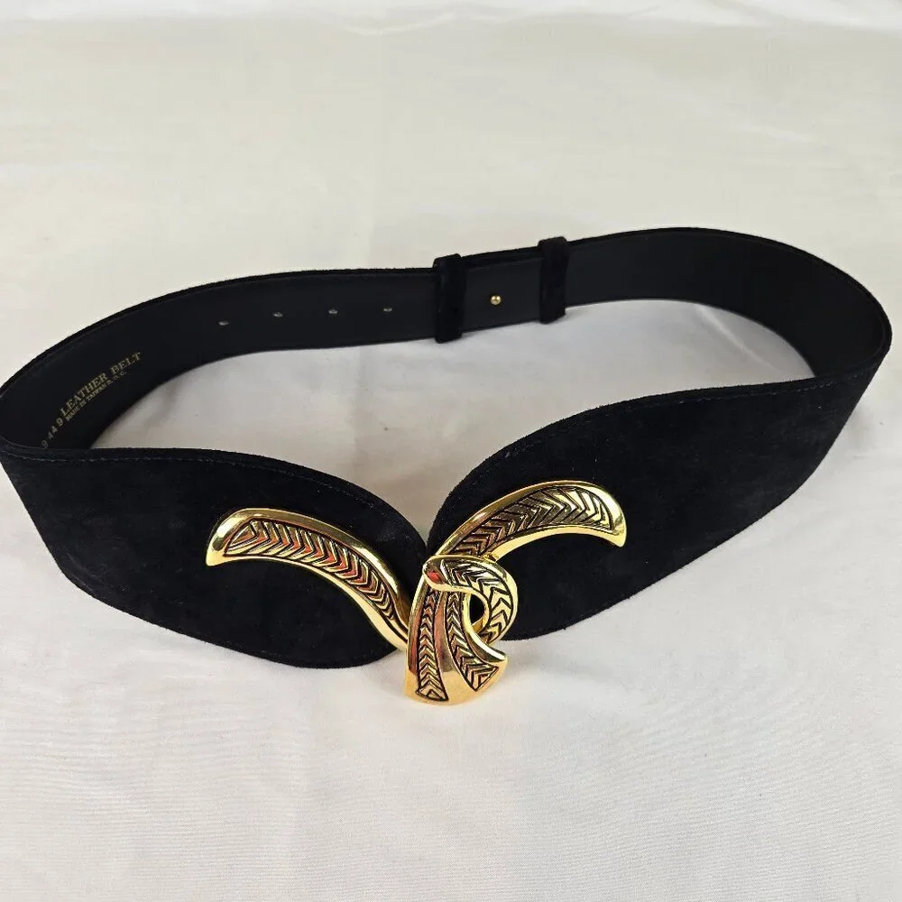 Art 9 Black Suede Wide Leather Belt Gold Hook Front Adjustable Screw Back VTG